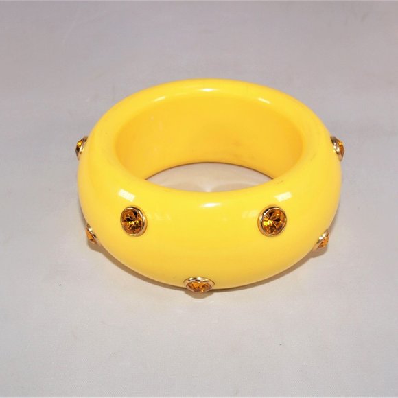 Yellow X-Wide Vintage Acrylic Bangle with Rhinestone Accents - Picture 3 of 5